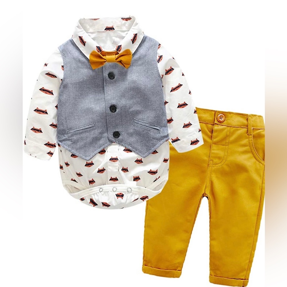 Tem Doger 3Pc Baby Boys Gentle Long Sleeve Bowtie Bodysuit Shirt Vest with Pants